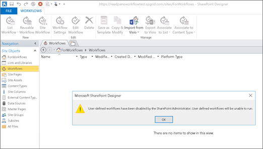 Screenshot of SharePoint 2010 Workflow error in SharePoint Designer when SharePoint 2010 workflow is disabled