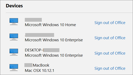 Shows Windows and Mac devices and the Sign out of Office link on account.Microsoft.com