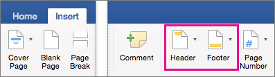 On the Insert tab, Header and Footer are highlighted
