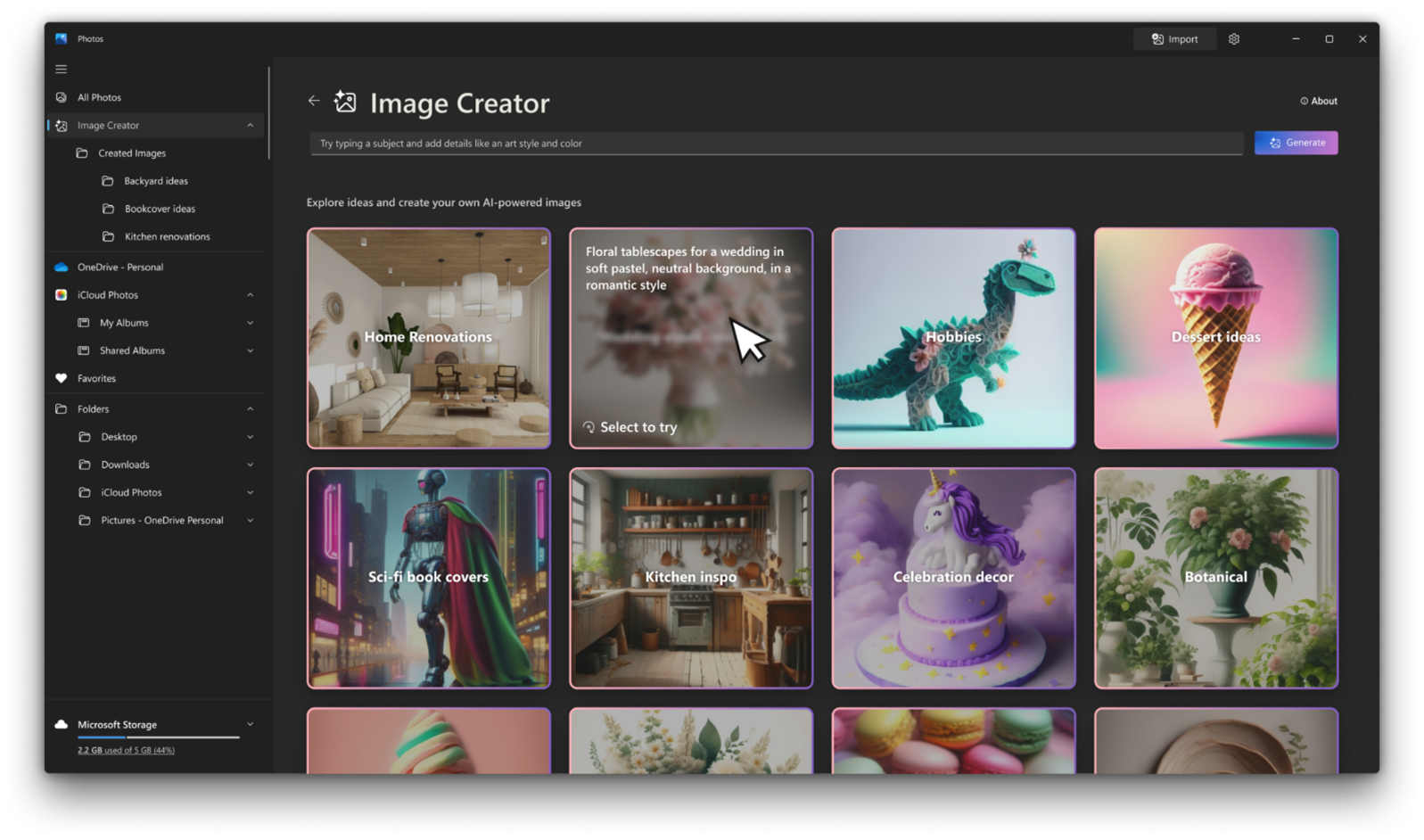 Screenshot of Image Creator in the Photos app.