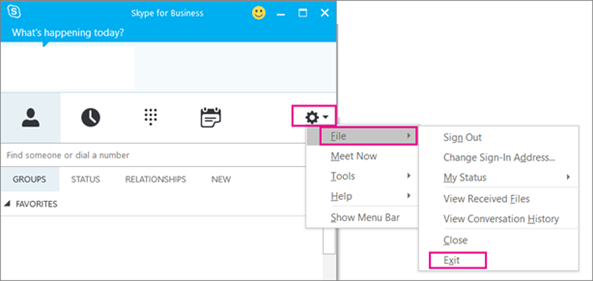 To exit Skype for Business, choose the gear icon, then File > Exit