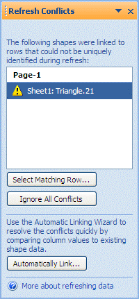 Refresh conflicts window listing shapes that cannot be linked because of a problem with the unique identifier.