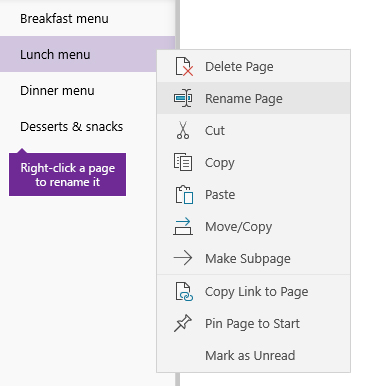 Screenshot of a page being renamed in OneNote