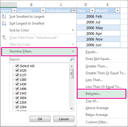 Number Filters Between