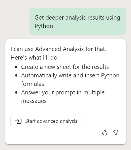 Screenshot showing Excel Copilot chat with a prompt to start a deeper analysis using Python