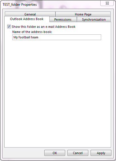 Ensure that the check box for "Show this folder as an e-mail Address Book" is selected.