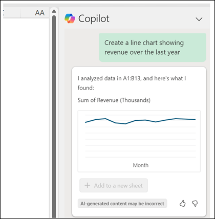 The Copilot pane showing a prompt of "Create a line chart showing revenue over the last year" followed by a generated line chart showing revenue.