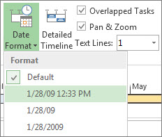 Timeline Date Format button and menu in Project