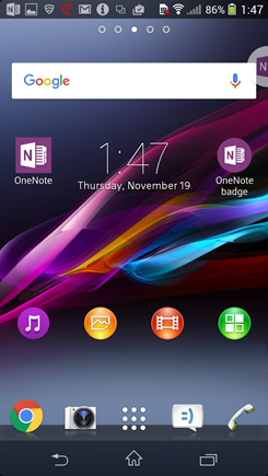 Screenshot of the Android homescreen with OneNote badge.