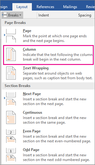 The Column option is highlighted on the Breaks menu.