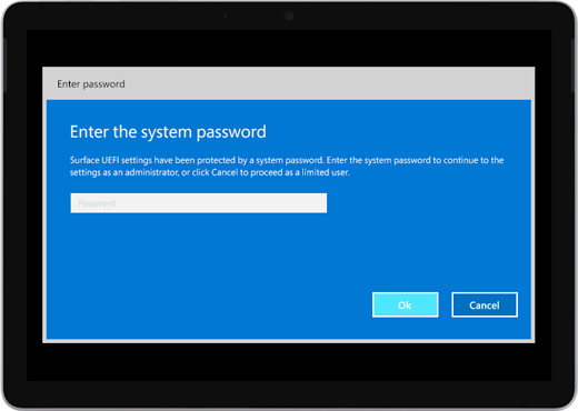 Shows a blue screen that says "Enter the system password." There's a box to enter the password, and below that, there are OK and Cancel buttons.