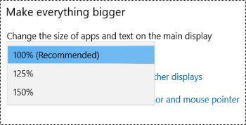 Windows Display settings page under Ease of Access settings showing Make everything bigger option with the dropdown menu expanded.