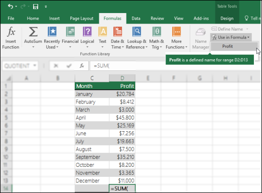 Click "Use in Formula" to add a defined name to a formula syntax