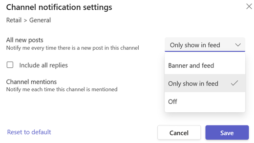 Teams - channel notifications settings