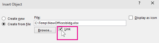 choosing link for inserting a file into powerpoint