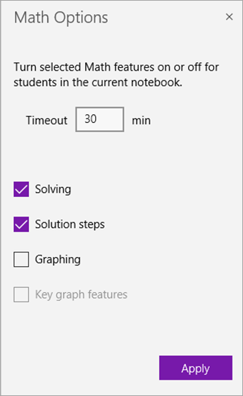 Math Options pane to set timeout countdown and turn off math features.