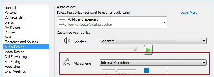 Screen shot of Lync audio check mic