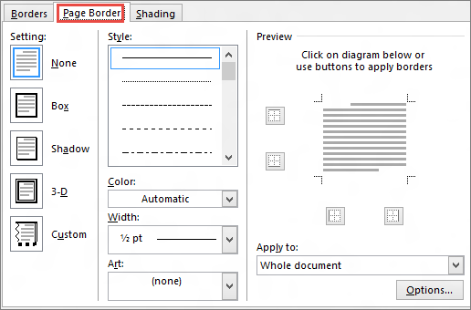 Word 2010 Page Border tab of Borders and Shading dialog box