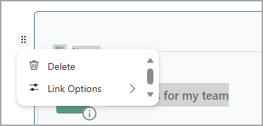 Shows a Planner component in the Loop app. The button with a grid of dots is selected, and shows a list with "Delete" as an option.