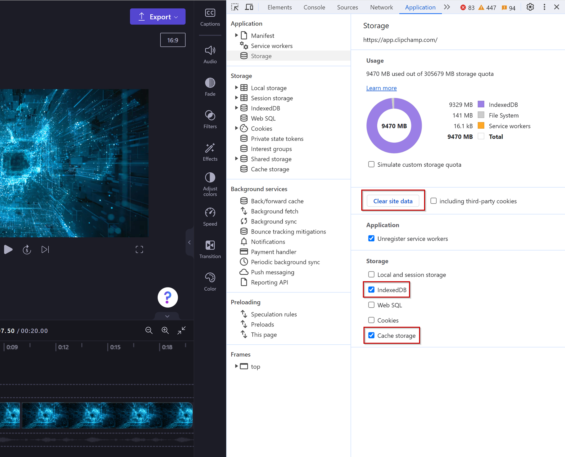 Open dev tools, go to Application and clear site data to delete the browser cache and free up disk space