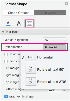 Text direction is highlighted in the Format Shape pane.