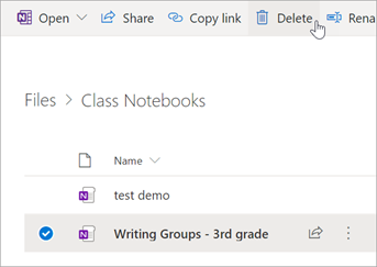 Select the Class Notebook you'd like to Delete, then select Delete.