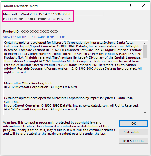 About Word 2013 window