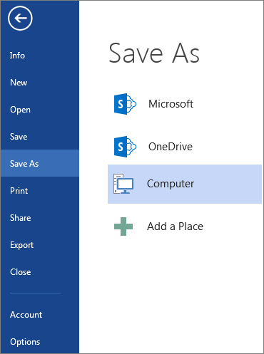 The Save As window, showing the list of places where you can save a document