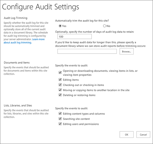 Configure Audit settings in the Site Settings dialog