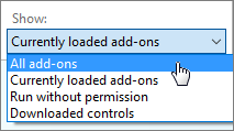 Manage Add-ons dialog box showing the Currently loaded add-ons dropdown.