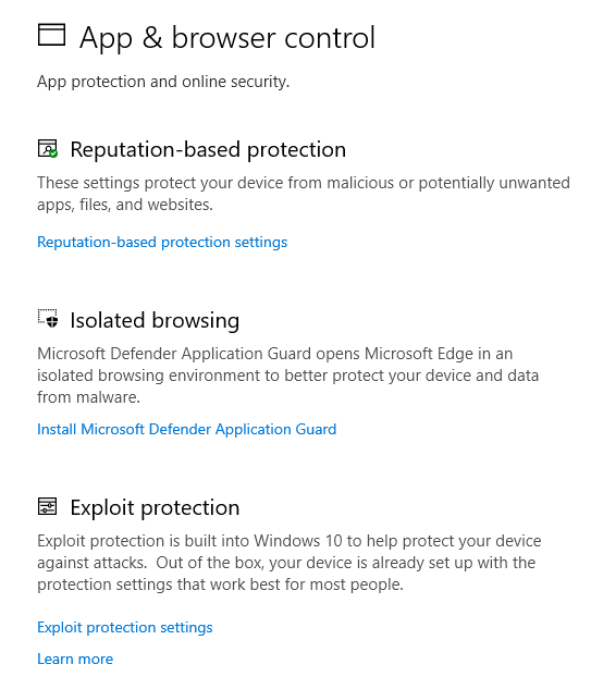 App & browser control in Windows Security