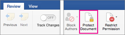 On the Review tab, Protect Document is highlighted