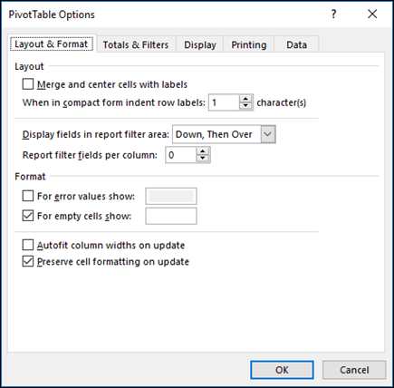 PivotTable Options dialog