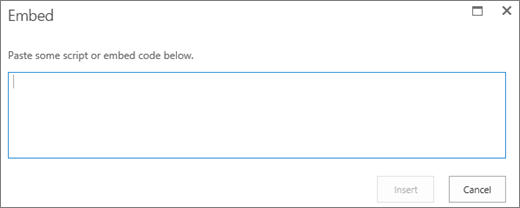 Screenshot of  the Embed dialog in SharePoint Online to paste script or embed code for video or audio files and then insert the code.