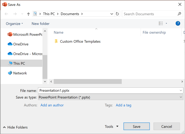 The legacy Save As experience in PowerPoint