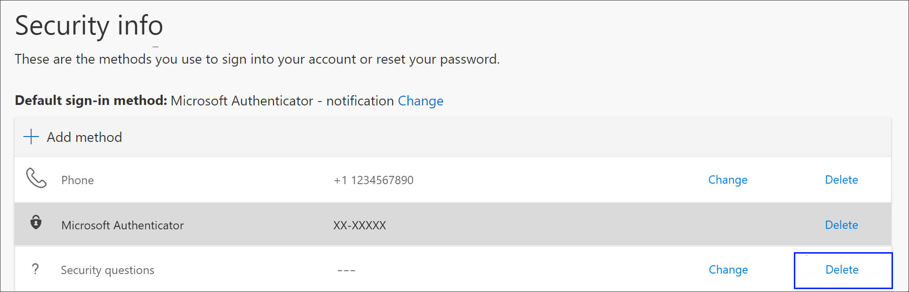 Link to delete the phone method from security info