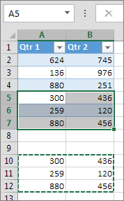 Pasting data below the table expands the table to include it