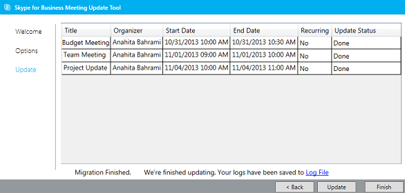 Screen shot of meeting migration tool finished