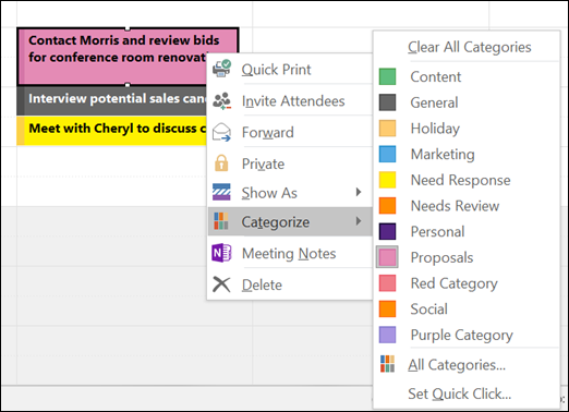 You can right click an appointment and assign a category.