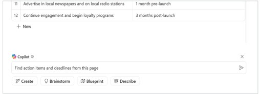 "Find action items and deadlines from this page" is typed into the Loop on canvas Copilot text box