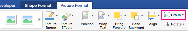 To create a group of selected pictures or objects, click Group.