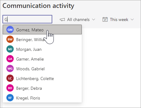 Screenshot showing the student roster that appears after searching the letter G in the Student Search box. additional dropdowns shown to the left include channels and timeframe