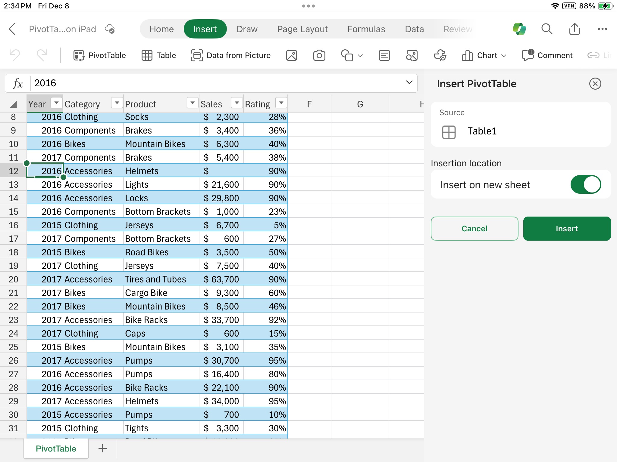 Insert a PivotTable on iPad.