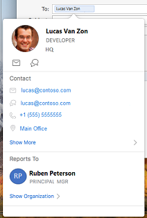 Contact card in Outlook calendar