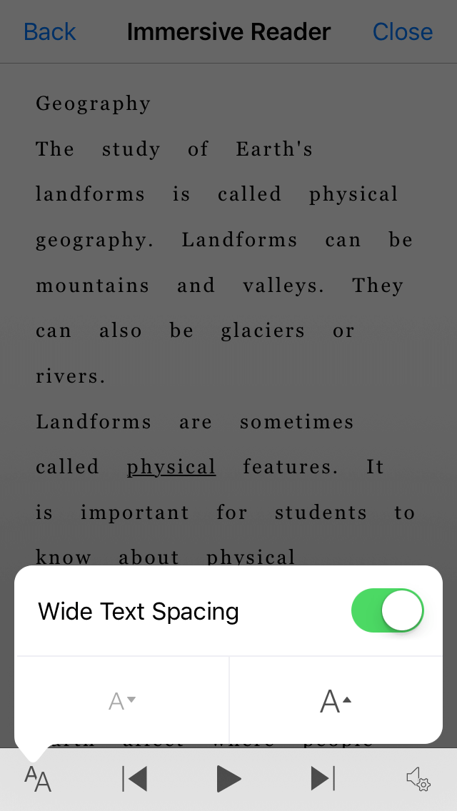 Screenshot of the Office Lens Wide Text Spacing setting toggle.