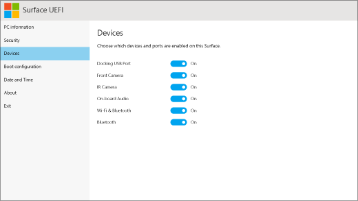 The devices screen for Surface UEFI