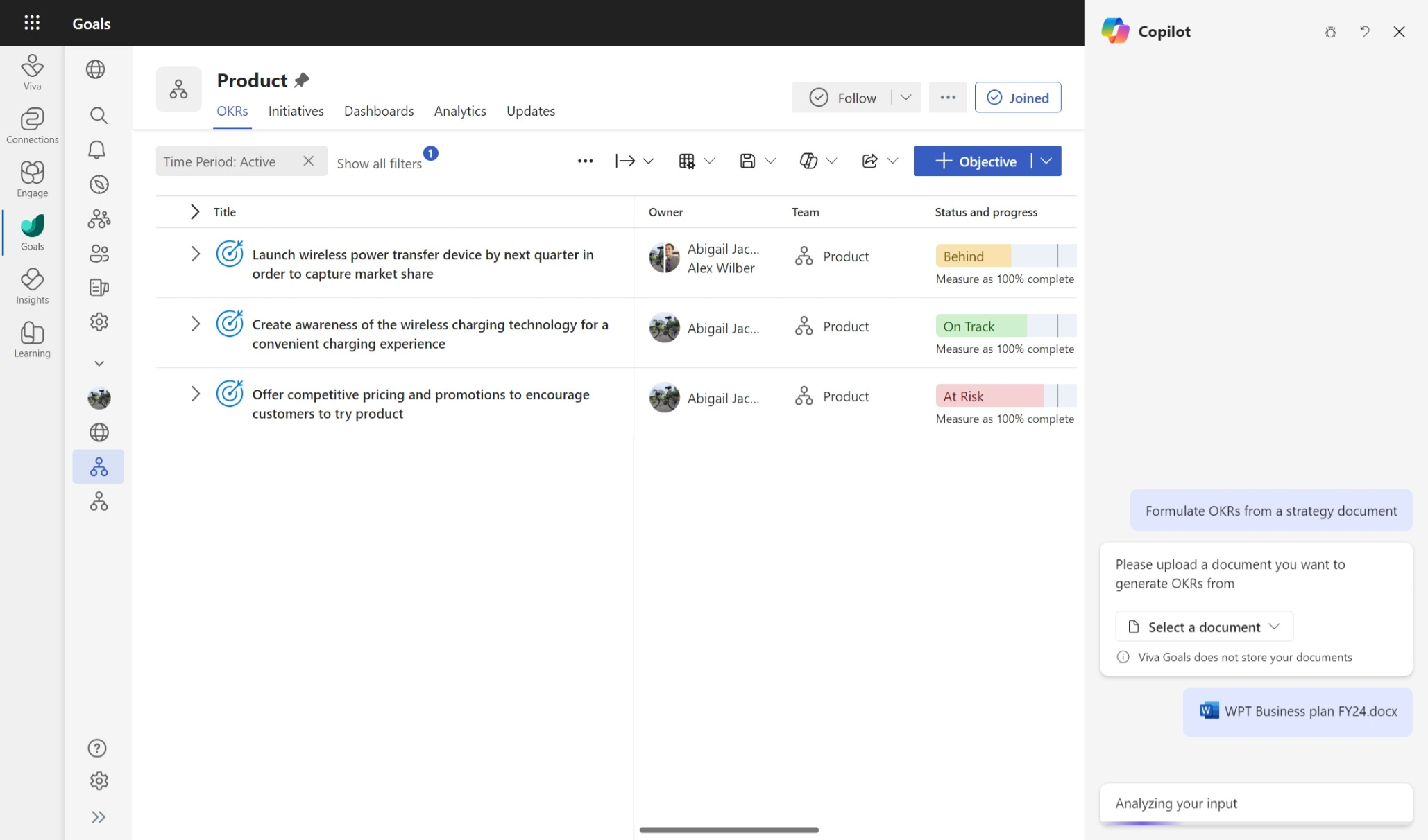 Screenshot that shows a view of a product team's OKRs with the user having provided a strategy document on the right side.