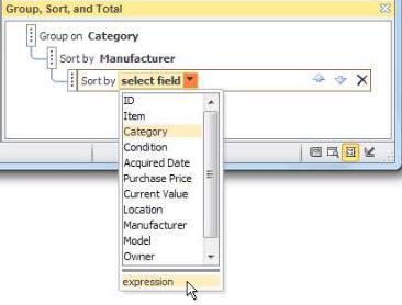 Choosing the expression option in the Group, Sort, and Total pane