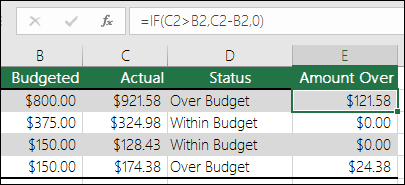 Formula in cell E2 is =IF(C2>B2,C2-B2,"")