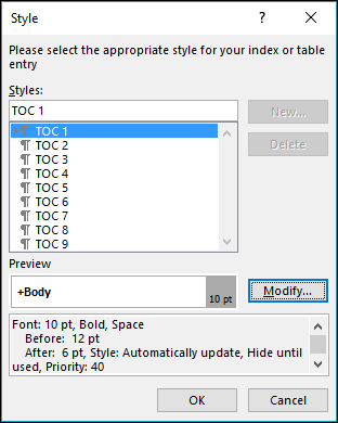 The Modify Style dialog lets you update how the text in your table of contents will look.